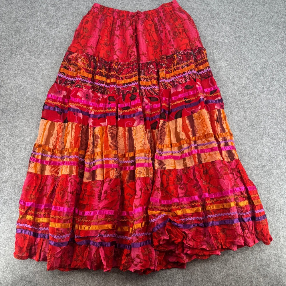 Anii by Natural Womens Red Orange Boho Tiered Ribbon Trim Rayon Maxi Skirt Med